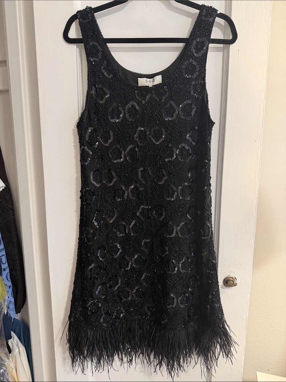 Sea NY misha combo knit sleeveless dress beaded feathered black